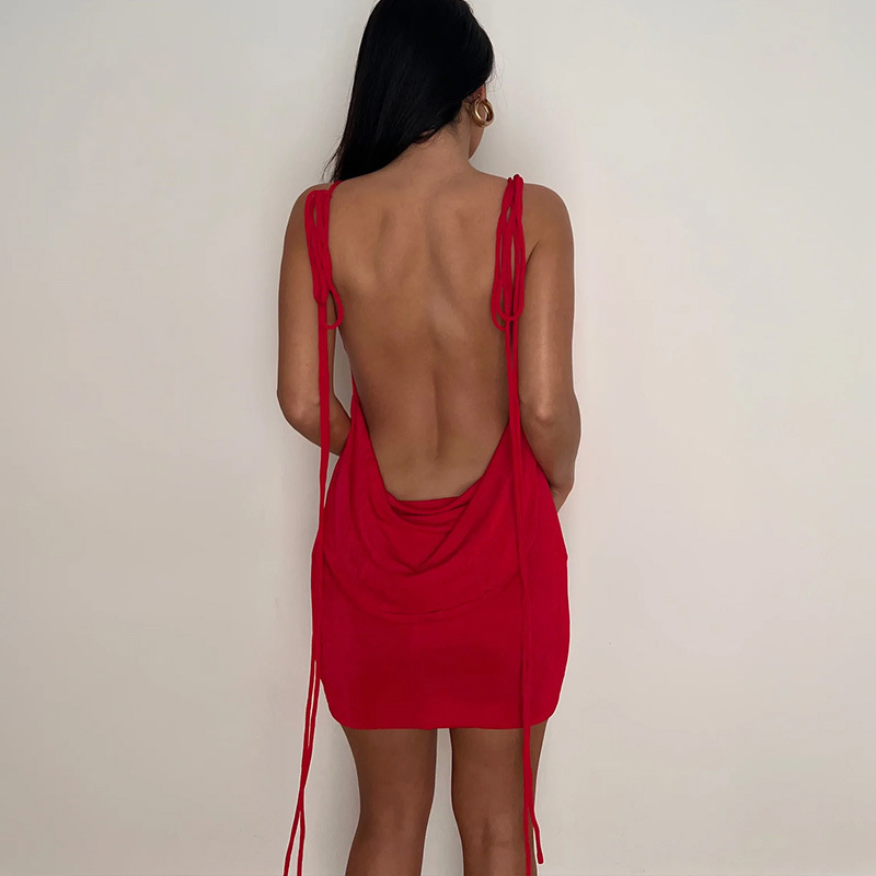 Women Clothing Autumn Sexy Backless Lace up Slim Fit Dress