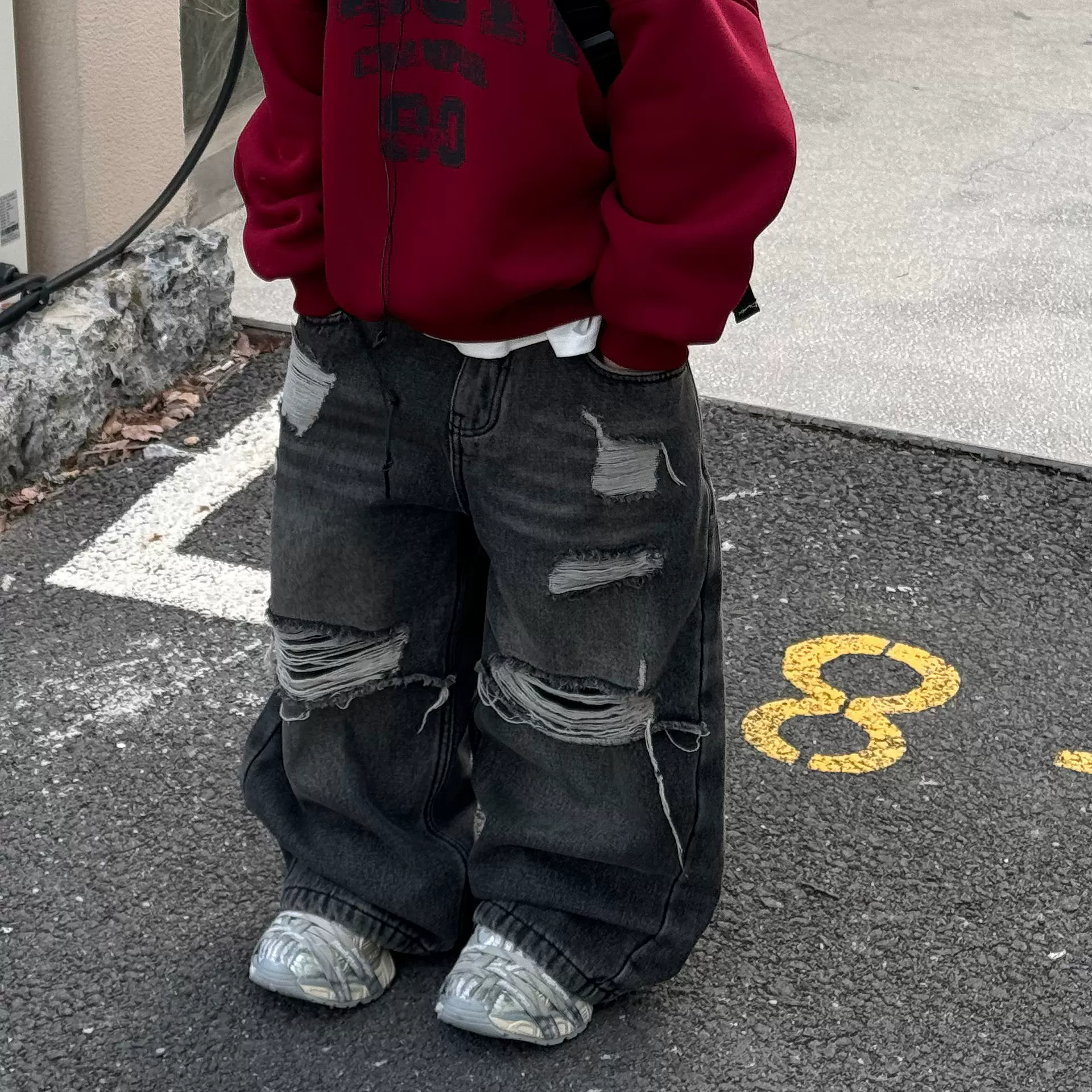 泰如2025冬季新款韩版男童美式破洞加绒加厚保暖牛仔裤儿童长裤潮