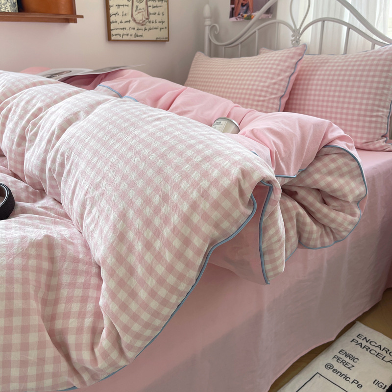Gingham Bedding Set 4-piece Duvet Cover For Winter Dormitory_voghion.com