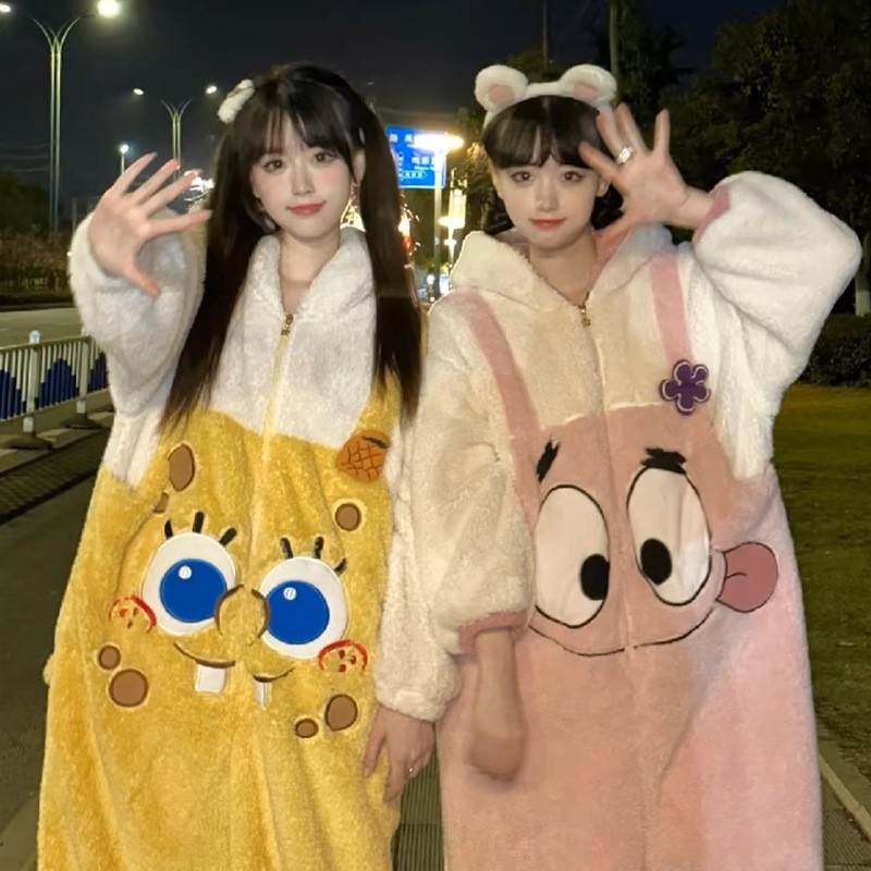 派大星海绵宝宝毛绒睡袍珊瑚绒秋冬闺蜜连体衣家居服套装闺蜜睡袍