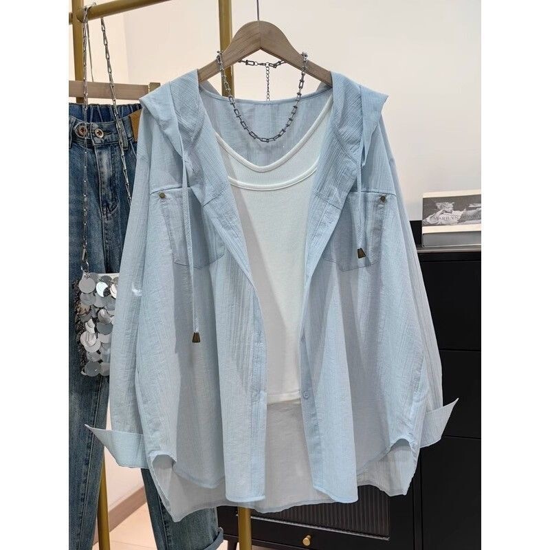 Textured Hooded Shirt for Women 2025 Summer New Style Loose Korean Style Casual Versatile Sun Protection Shirt Top Thin Jacket Textured Hooded Shirt for Women 2025 Summer New Style Loose Korean Style Casual Versatile Sun Protection Shirt Top Thin Jacket