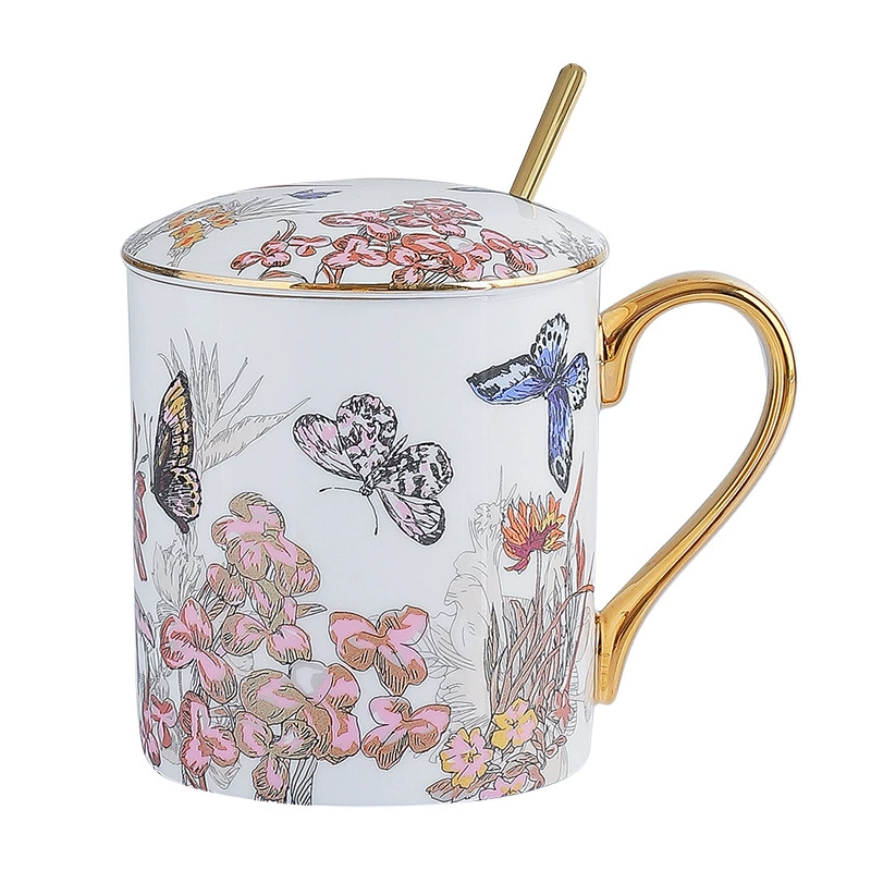 High-value flower butterfly mug cup with lid and spoon large capacity office household water cup vintage bone porcelain ceramic