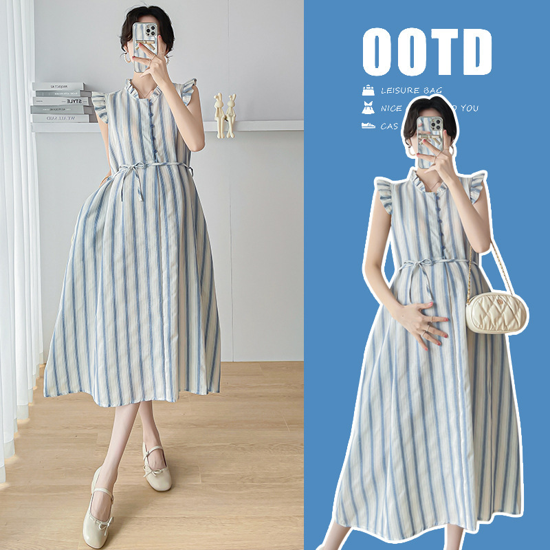 Cotton and Linen Maternity Summer Dress 2025 New Japanese Style Striped Flutter Sleeve A-Line Midi Dress for Pregnant Mothers