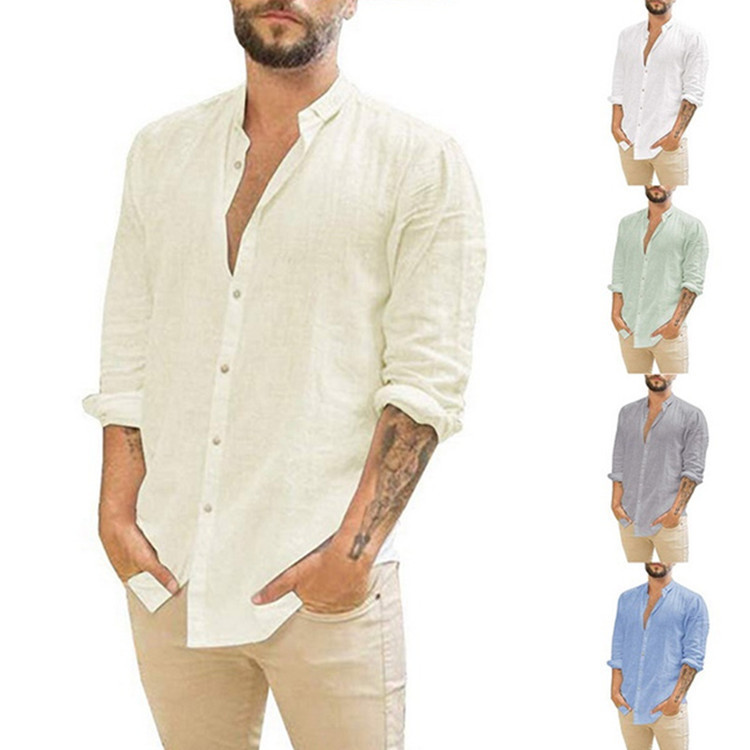 2026 Amazon Wish Aliexpress European and American Men's New Linen Cardigan Solid Color Casual Stand-Up Collar Long-Sleeved Shirt 2026 Amazon Wish Aliexpress European and American Men's New Linen Cardigan Solid Color Casual Stand-Up Collar Long-Sleeved Shirt