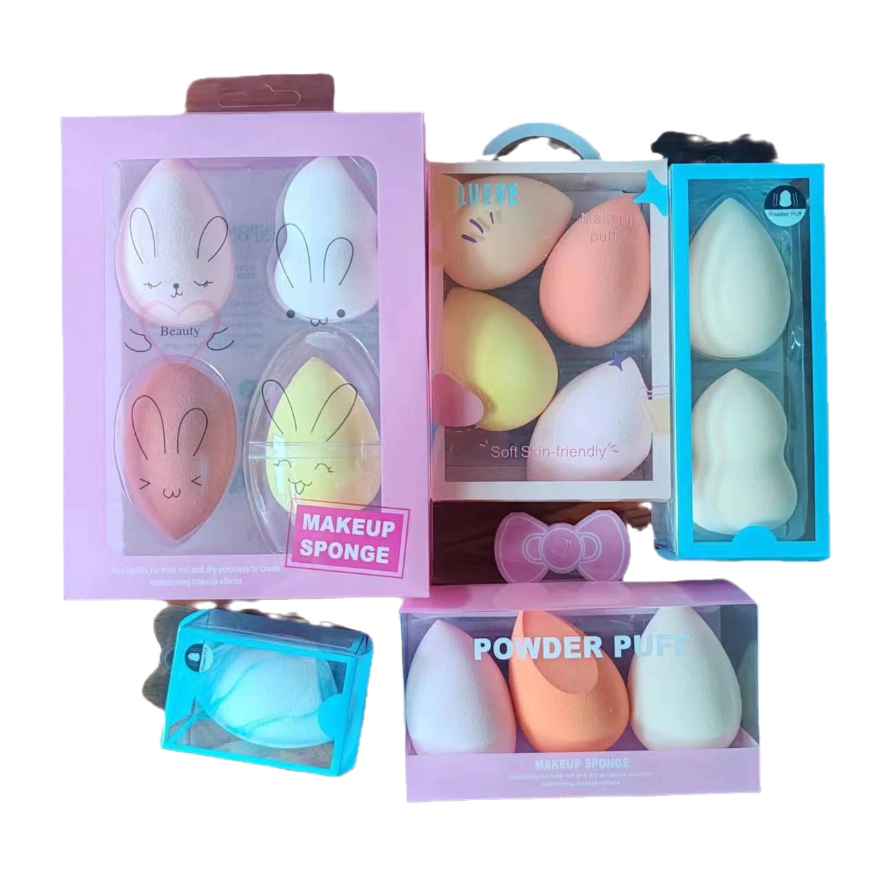 Juego de esponjas de maquillaje en caja de regalo de 4 piezas, se expanden al mojarlas en agua, juego de esponjas de maquillaje en caja de regalo, esponja de maquillaje al por mayor, esponja de maquillaje.