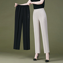 妈妈裤子夏装薄款九分裤弹力休闲裤宽松直筒中老年绣花女裤奶奶装