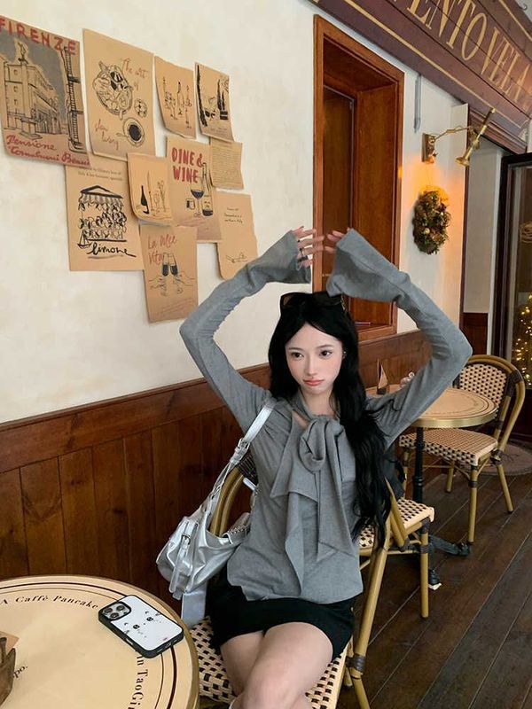 设计感荷叶边飘带长袖藏蓝色上衣女装秋季百搭打底衫修身内搭T恤|undefined