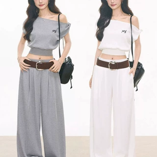 4.13新品WESTAYO华夫格针织斜肩短袖t恤女休闲套装+阔腿裤