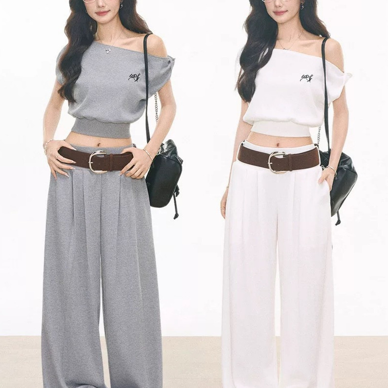 4.13 New Product Westayo Waffle Knit Off-Shoulder Short-Sleeved T-Shirt Women's Casual Suit + Wide-Leg Pants