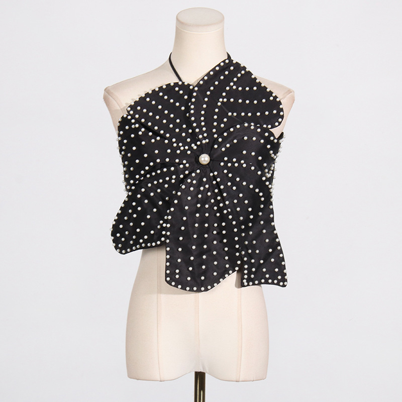 Dameskleding 2024 Lente en zomer Nieuwe sexy parel ingelegde driedimensionale bloemensplitsontwerp halternek tubetop vetertop voor vrouwen_voghion.com