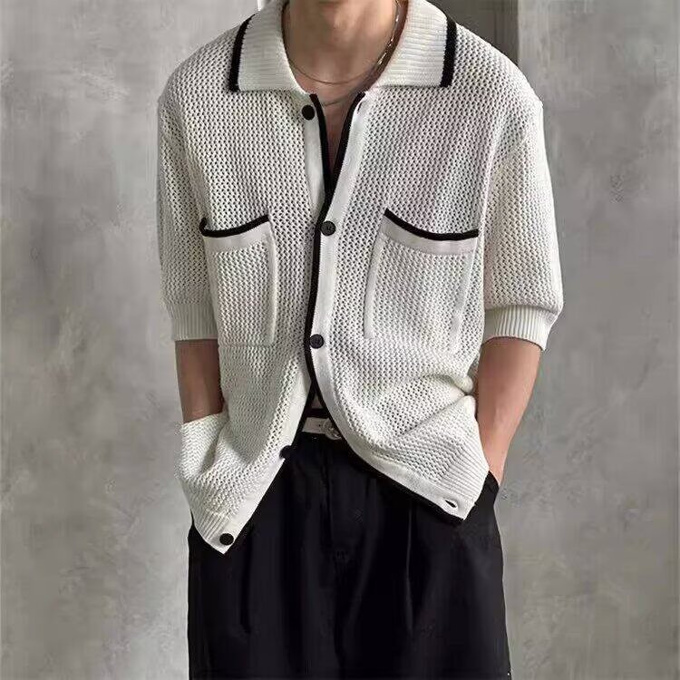 Polo camiseta de punto camiseta de manga corta camiseta con solapa cardigán hombre pequeño bolsillo de viento fragante viejo viento verano fábrica transfronteriza al por mayor