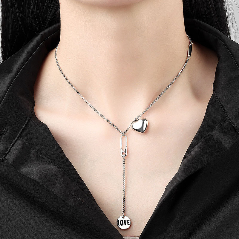 Japanese and Korean-style 925 sterling silver love English tag necklace women's ins sweater chain personality exaggerated tank chain New Fashion