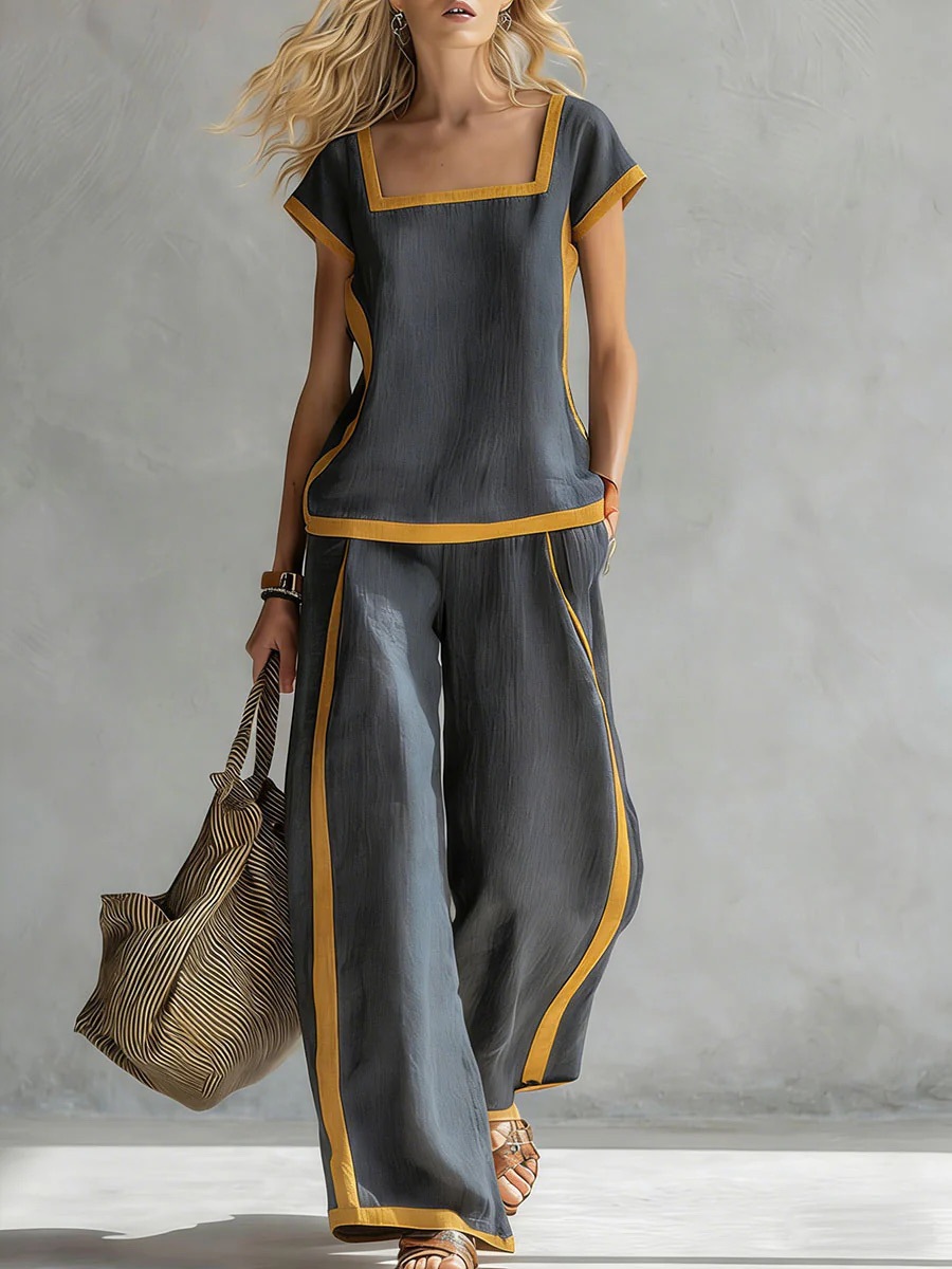 Women's Clothing Women's Cotton Linen Set Square Neck Short Sleeve Top High Waist Casual Loose Trousers Style_ecoleips.com