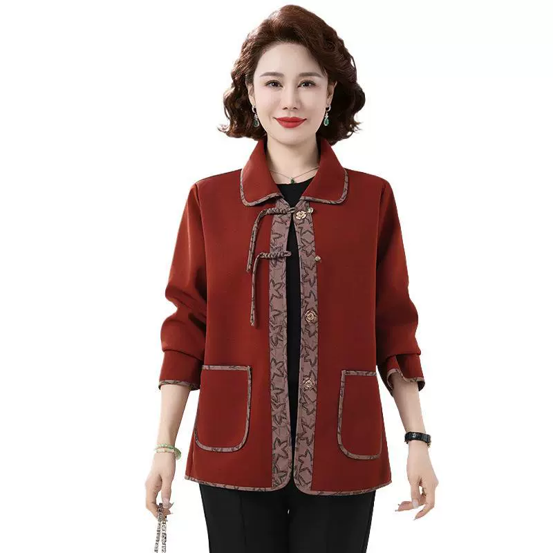 Мама весной одета иностранная короткая плоская тканая куртка среднего и пожилого женского лацкана плюс кардиган размера