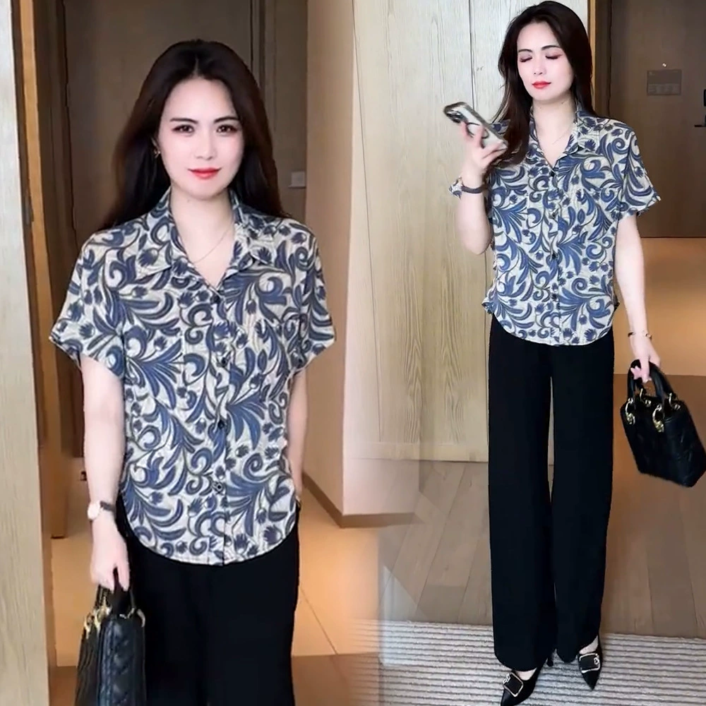 Модная женская рубашка с коротким рукавом с принтом, лето 2025, новая ретро, свободного кроя, универсальная, с отложным воротником, трендовая
