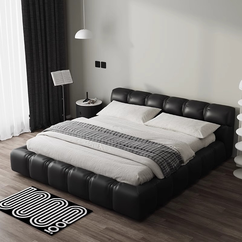 Cama de cuero italiano minimalista cama de puff negro dormitorio principal almacenamiento cama matrimonial cama doble 2 * 2.2m cama de tatami queen