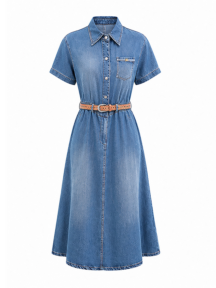 Váy denim nữ cạp cao dáng chữ A tay ngắn mùa hè — Cao bồi xanh