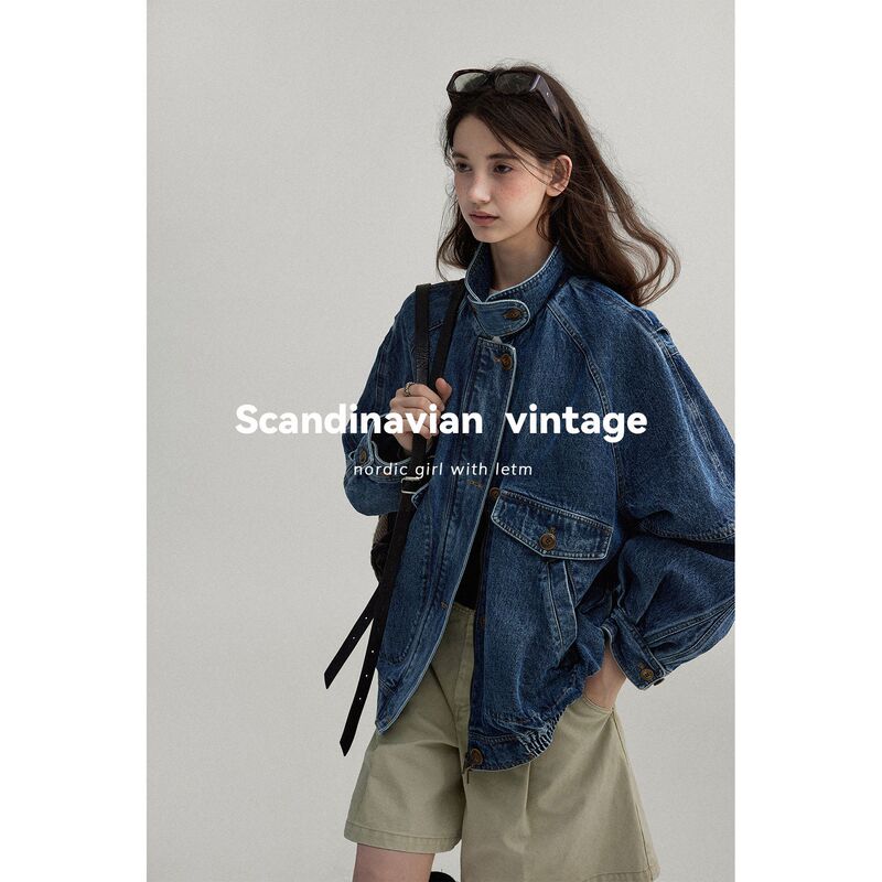 Letm Scandinavian Medieval Style/Washed Denim Texture Flip-Up Collar Contrasting Silhouette Bomber Jacket for Women