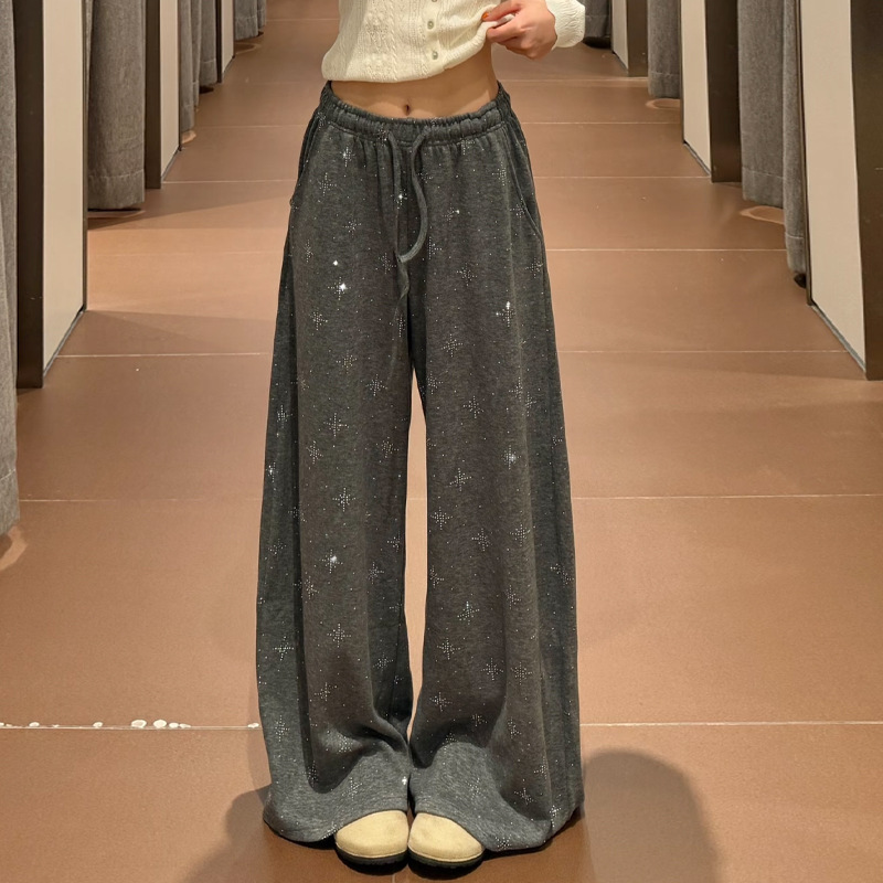 Sparkling gray rice pudding pants, casual walking pants, high-waisted, flowing, soft and comfortable pants, loose straight-leg pants, wide-leg casual pants