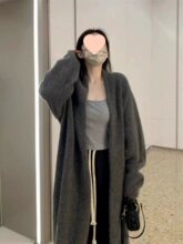 灰色中长款过膝毛衣外套女春秋冬季慵懒风加厚百搭针织衫开衫大衣