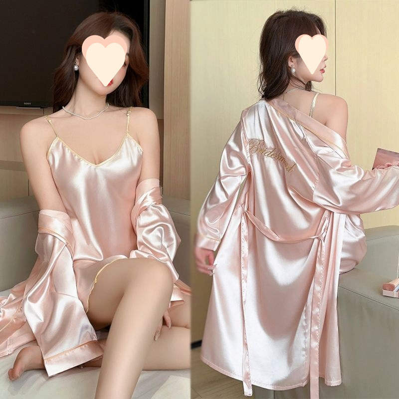 Dressing Gown Female Bride Bridesmaid Group Ice Silk Pajamas Two-Piece Suit Suspender Nightgown Bathrobe Sexy Home Wear Spring Autumn Summer