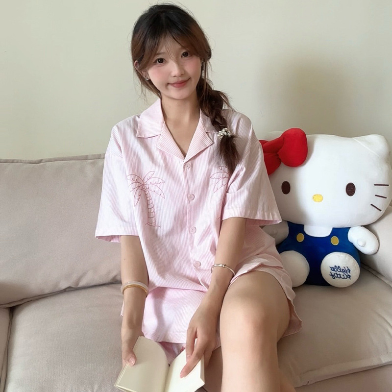 2025 Spring and Summer New Girly Pink Stripesd Coconut Tree Pure Cotton Pajamas Simple Casual Holiday Style Can Be Worn Outside