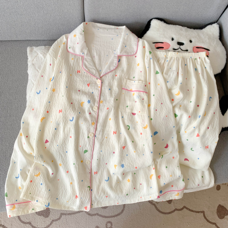 工厂直销云朵棉新款睡衣女长袖长裤开衫翻领卡通大码家居服套装|undefined