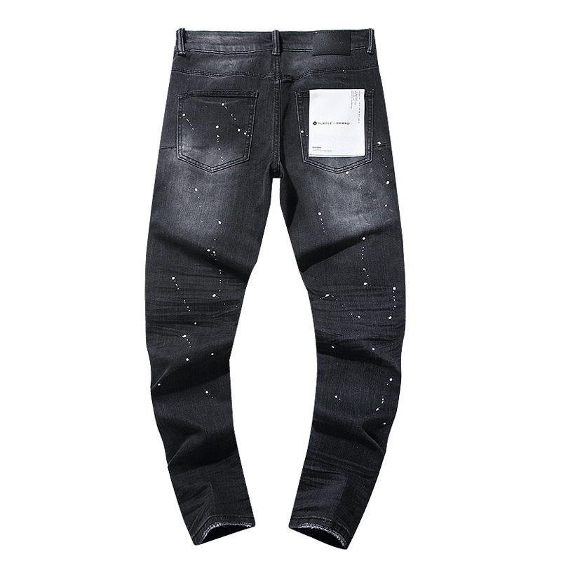 Slim stretch fried sand angel cotton elastic black leather label holes printed fashion men's European jeans_voghion.com