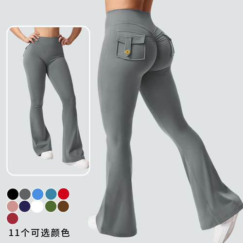 Cross-border Amazon workwear pocket yoga pants women's trumpet pants butt-lifting exercise tight fitness pants micro-trumpet yoga pants