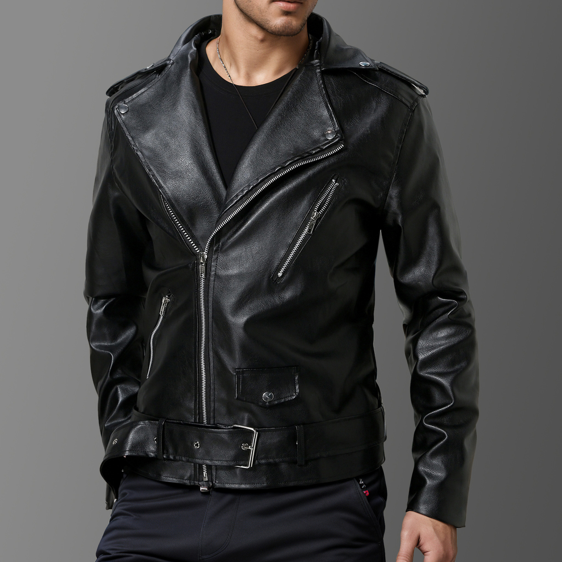 Men's Slim Fit Leather Jacket Lapel Biker Style For Autumn Winter_voghion.com