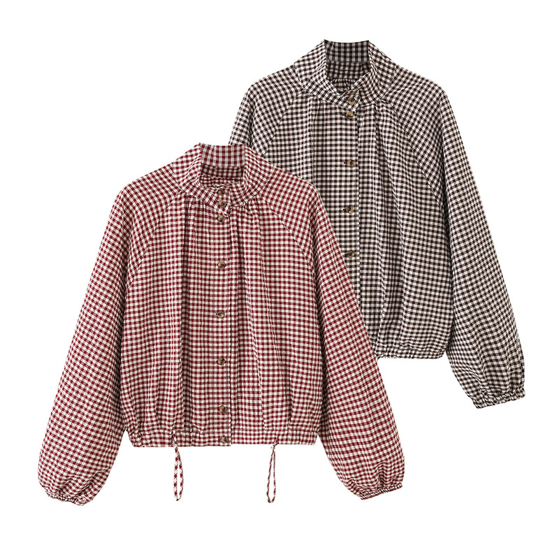 2026 Summer Women's Long Sleeve Stand Collar Adjustable Tie Plaid Jacket for Wish, Amazon, eBay 7066