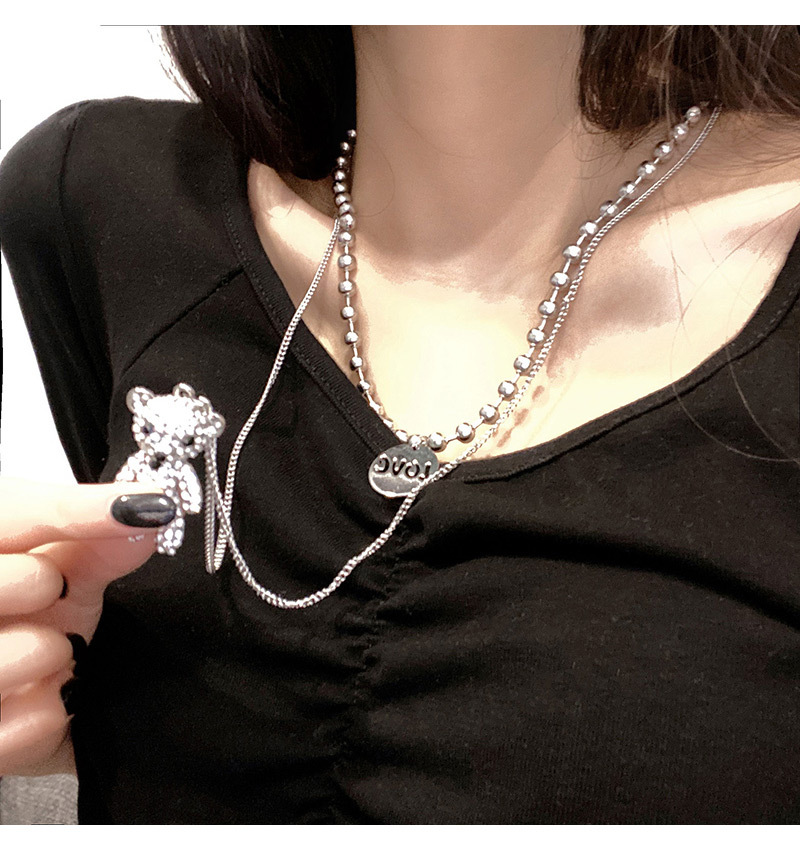 Fashion Bear Titanium Steel Plating Rhinestones Pendant Necklace 2 Pieces