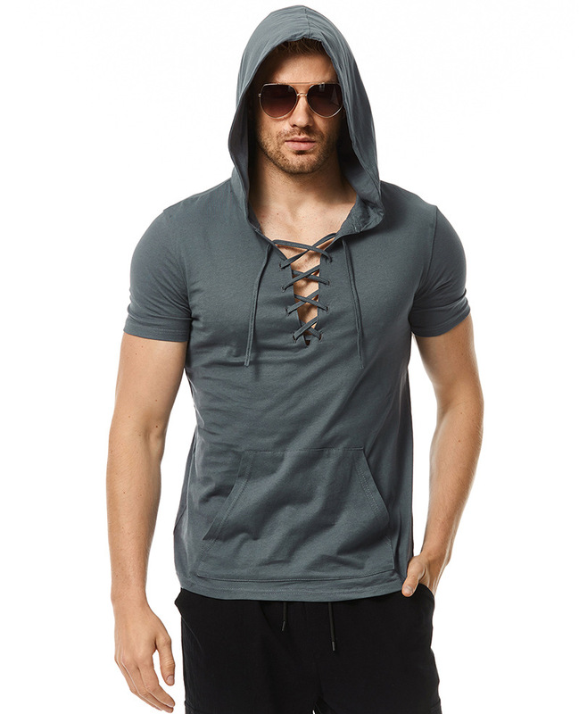 Men's Hooded Casual Fashion Basic Short-sleeved Lightweight Stretch Cotton T-shirt Men's V-neck Lace-up Sports Top for Foreign Trade