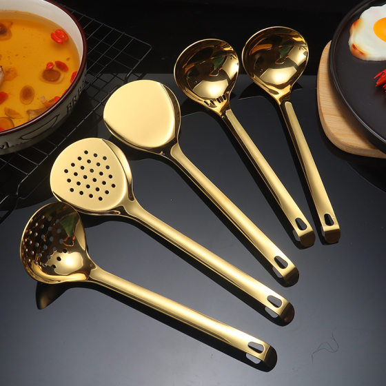 Golden 304 Stainless Steel Hotel Buffet Spoon Service Dishes Common Colander Flat Head Shovel Spoon Soup Spoon Large Spoon