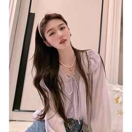 2022年春夏甜美韩系别致气质上衣外穿雪纺紫色衬衫欧货小衫洋气女