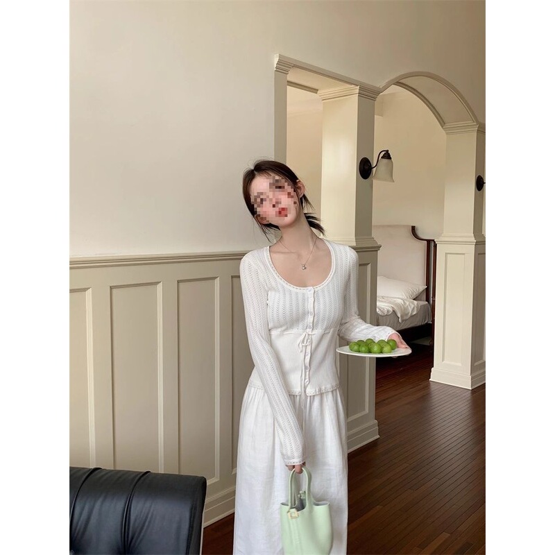 Spring and Summer New Style Hollow-Out Lace Button Bow Round Neck Cardigan with Waist Tie Top for Women Spring and Summer New Style Hollow-Out Lace Button Bow Round Neck Cardigan with Waist Tie Top for Women