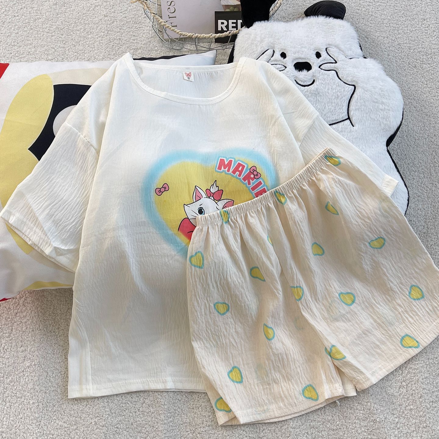 Venta al por mayor transfronteriza de pijamas con almohadillas para el pecho para mujeres pantalones cortos de manga corta de verano, lindo traje de servicio a domicilio coreano, nube de algodón