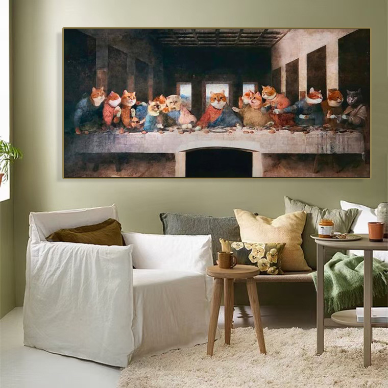 The Last Supper Decorative Painting Spoof Dog and Cat Trendy Coffee Shop Wall Hanging Painting Oil Painting Style Sofa Background The Last Supper Decorative Painting Spoof Dog and Cat Trendy Coffee Shop Wall Hanging Painting Oil Painting Style Sofa Background