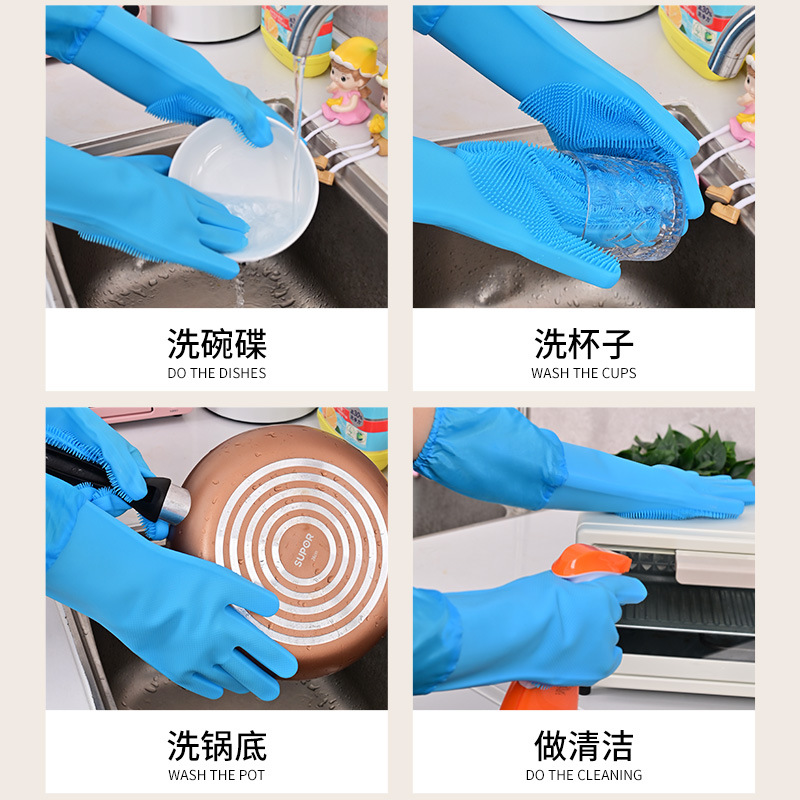 Invierno alargado guantes de lavado de platos de silicona impermeable limpieza doméstica protector de mano artefacto para mascotas cepillo de masaje de baño con gancho