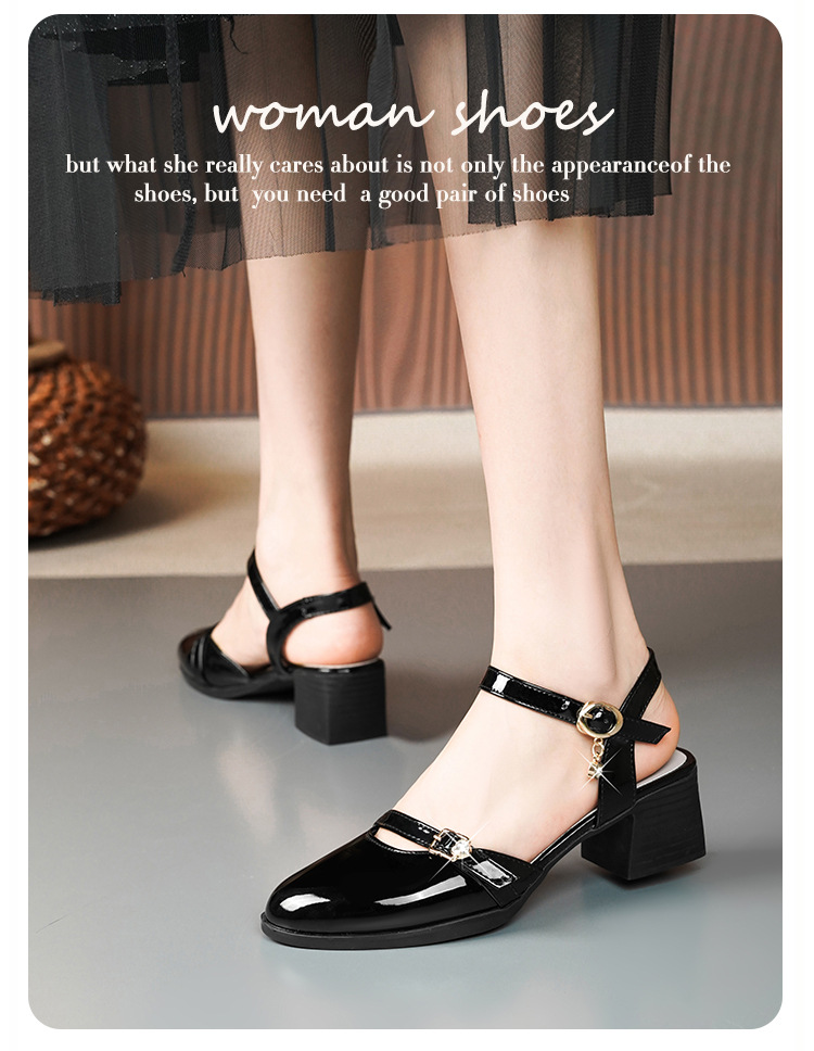 Sandal bít mũi nữ gót thô đi làm đế mềm da thật — Màu đen chi tiết 6
