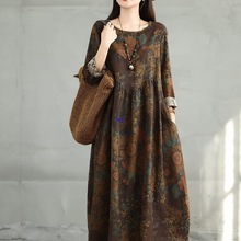 中国风女装棉麻新中式长袖连衣裙女春秋季宽松民族风字裙子女