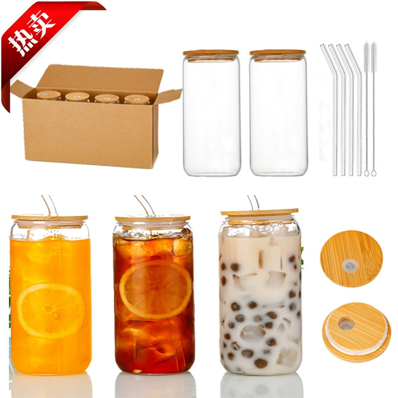 160Z Cross-border Amazon Explosions Net Red Coke Cup Round Suction Tube Cup with Bamboo Lid Transparent Glass Cup Fruit Tea Cold