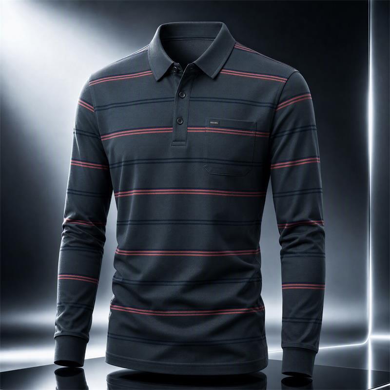 2026 Spring and Autumn Men's Long Sleeve Polo Shirt for Middle-Aged and Elderly, Dad's Style, Turn-Down Collar, Loose Fit, Striped Versatile T-Shirt, Wholesale 2026 Spring and Autumn Men's Long Sleeve Polo Shirt for Middle-Aged and Elderly, Dad's Style, Turn-Down Collar, Loose Fit, Striped Versatile T-Shirt, Wholesale