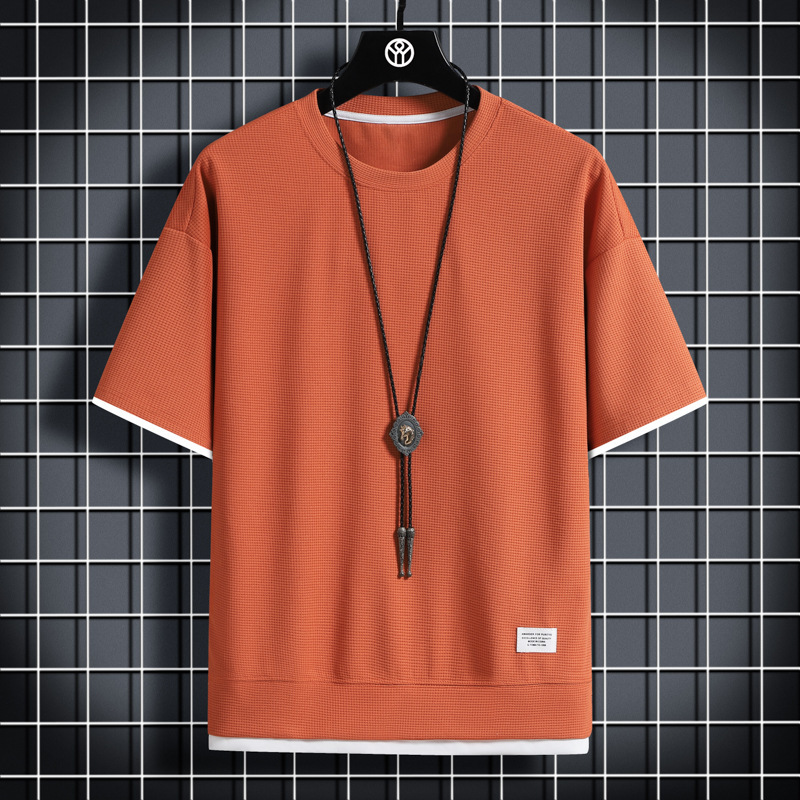 Short-sleeved T-shirt Summer Men's Fake Two-piece Loose Half-sleeved T-shirt Ice Silk Thin Round Neck Fashion Brand Clothes