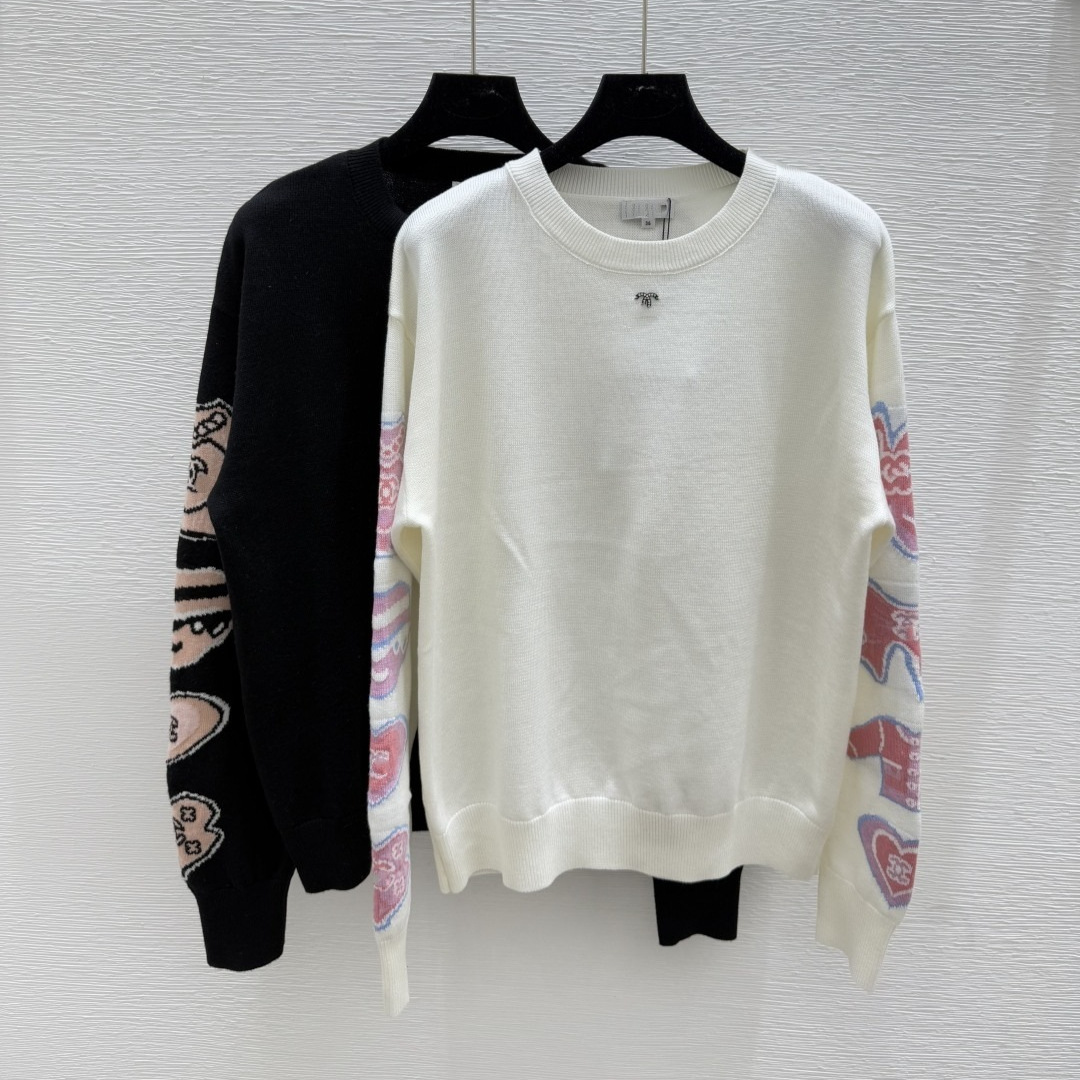 南油高版本CD家25早秋新款丹顶鹤字母刺绣圆领长袖针织衫羊绒毛衣