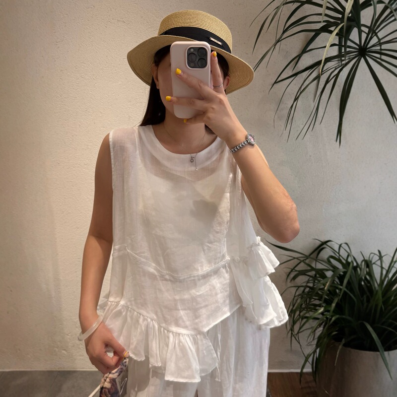 Floral Ramie Shirt for Women Summer French Fashion Irregular Ruffle Loose Slimming Youthful Casual Sleeveless Top