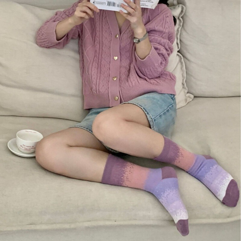 Korean style double needle double-way craft gradient color tie-dyed contrast color fashionable socks women's artistic personality preppy style cotton mid-calf length socks