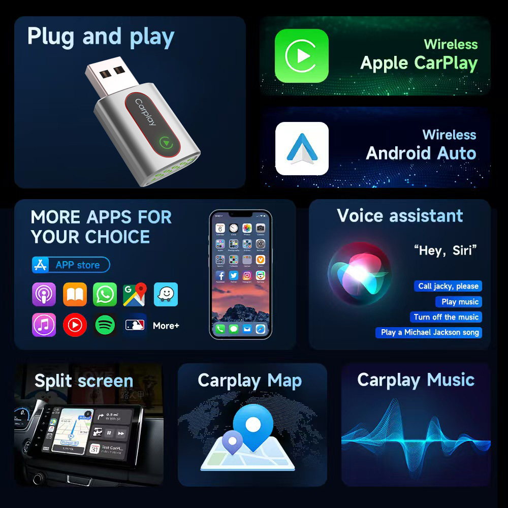 Wireless Carplay Box Adapter Compatible with iPhone and Android, 2-in-1, Fast and Lag-Free Hands-Free Calling
