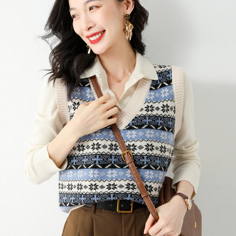 Lana mezclada 2024 primavera nueva mujer con cuello en V Jacquard Chaleco de punto Chaleco Corto suéter suelto chaleco