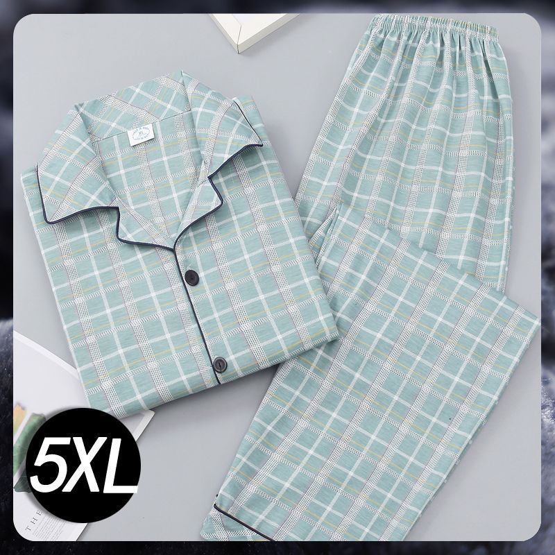 Pijamas de algodón para hombres primavera y otoño de manga larga juventud de mediana edad suelta grande se puede usar fuera del conjunto de ropa de casa